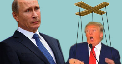 Mashup of Putin and Trump tied to puppet strings